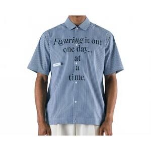 NEW STUDENTS GOLF reymon short sleeve stripe oxford button-up shirt in navy